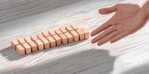 Hand Reaching Towards Wooden Blocks on Table Surface