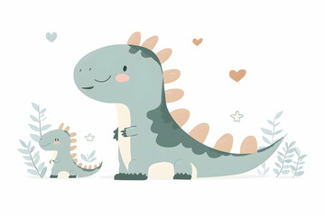 Naklejka premium Adorable illustration of a parent and baby dinosaur, surrounded by hearts and leaves, perfect for children's products, nursery decor, or prints.