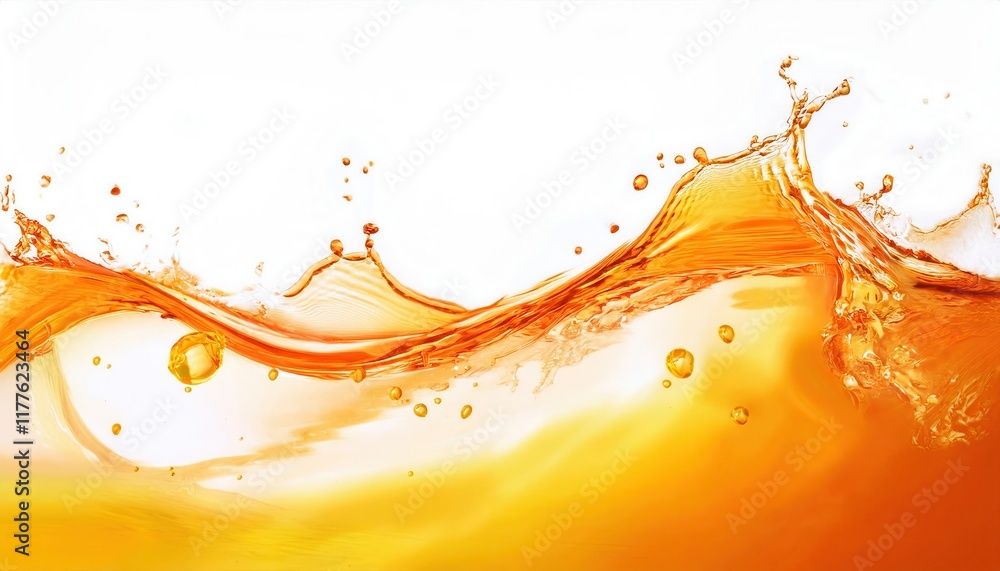 Poster Golden Splash of Liquid in Motion Capturing Vivid Amber Hues with Dynamic Ripples and Bubbles, Perfect for Beverage or Oil Concepts

