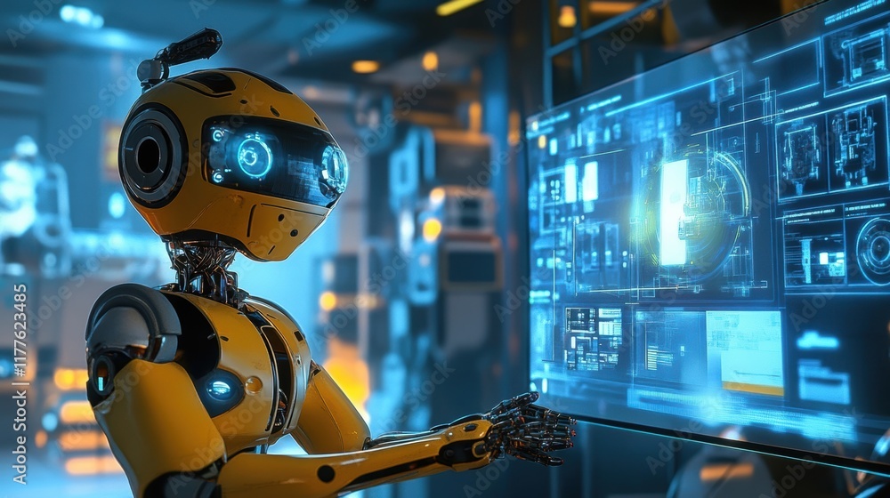 Poster advanced yellow robot interacting with transparent digital display, managing complex processes in a 