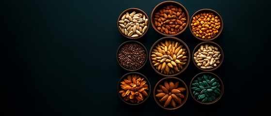 Colorful assortment of nuts in deep bowls.
