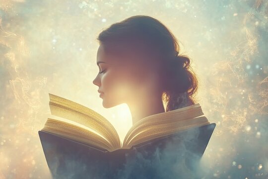 softly lit scene of woman silhouette framed by open book symbolizing education and empowerment