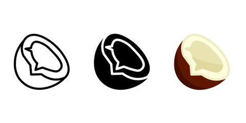 Coconut color icon. Half coco sign. Tropical and exotic fruit symbol. Coconut milk and oil logo. Summer pictogram.