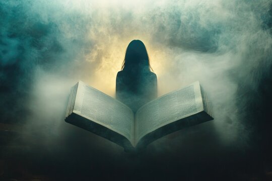 softly lit scene of woman silhouette framed by open book symbolizing education and empowerment