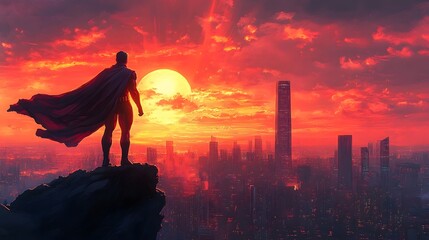 Majestic Superhero Surveying Vibrant Futuristic City Skyline at Dusk