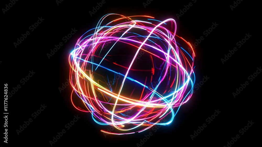 Poster glowing abstract sphere with neon lights and fractal patterns