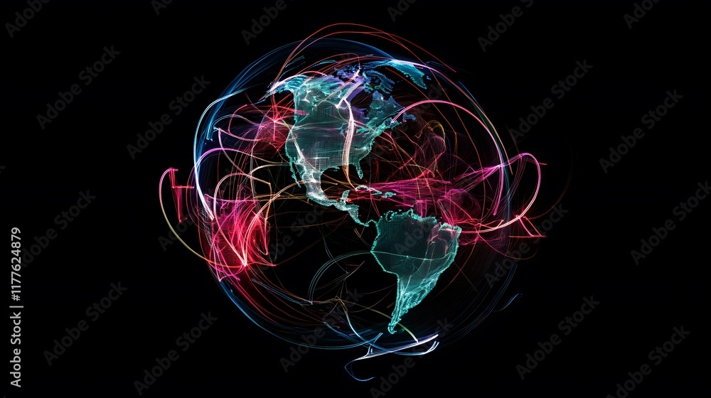 Poster glowing abstract sphere with neon lights and fractal patterns