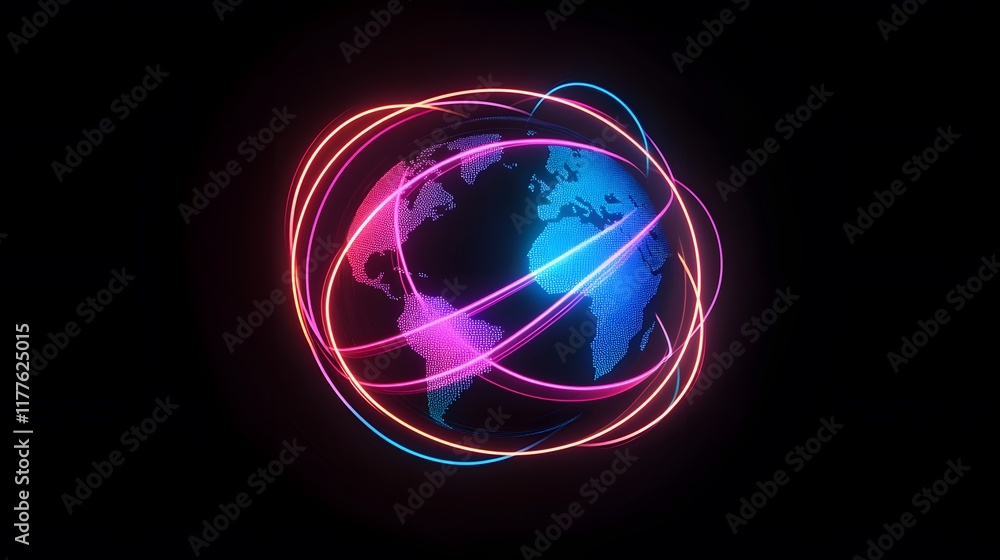 Poster glowing abstract sphere with neon lights and fractal patterns