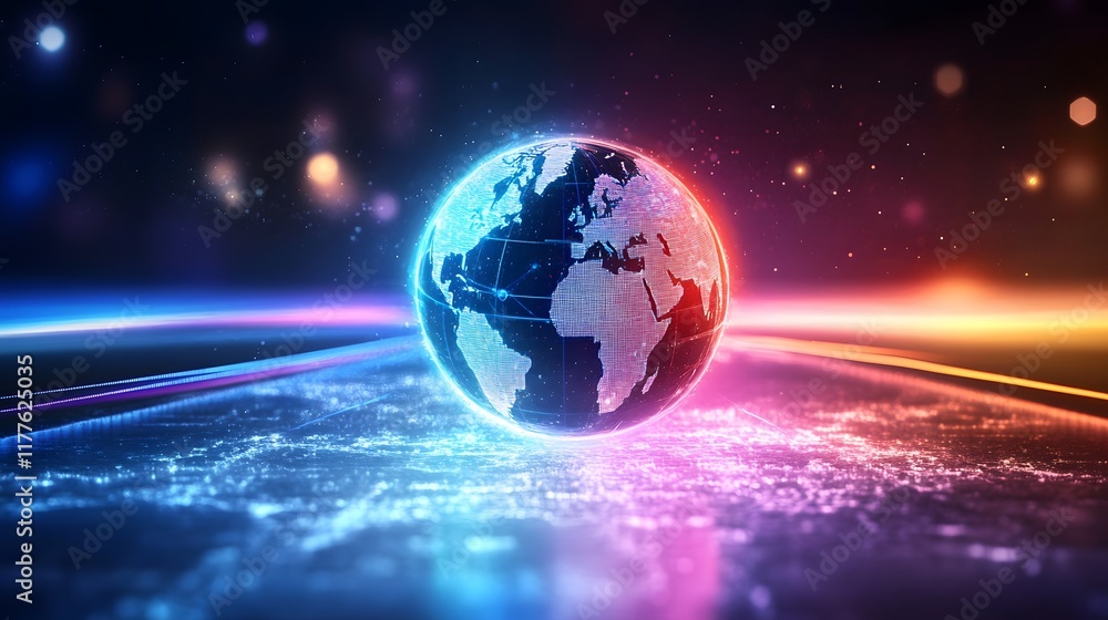 Poster glowing abstract sphere with neon lights and fractal patterns