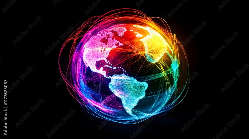 Poster glowing abstract sphere with neon lights and fractal patterns