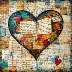 Obraz premium Abstract Heart Collage Featuring Handwritten Notes and Textures