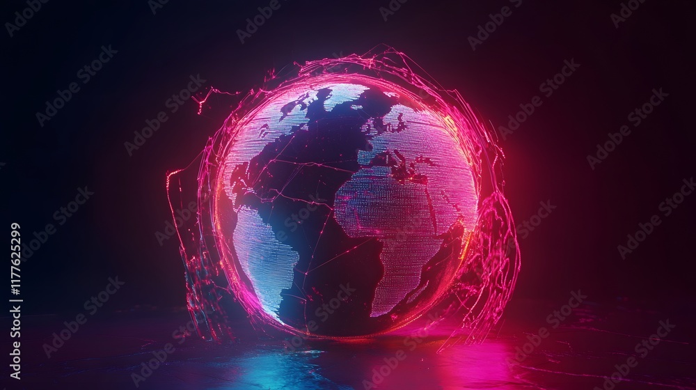 Poster glowing abstract sphere with neon lights and fractal patterns