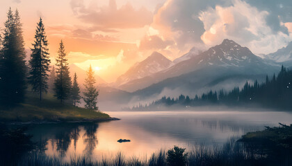 Fototapeta premium Serene Sunset Over Mountain Lake And Pines