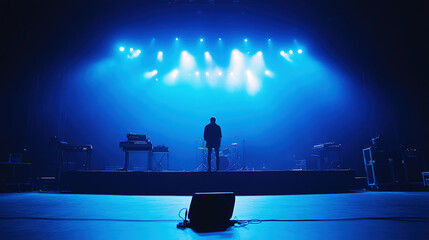 Fototapeta premium A lonely musician stands on a concert stage under blue spotlights, surrounded by musical instruments and equipment, sound check before the concert.