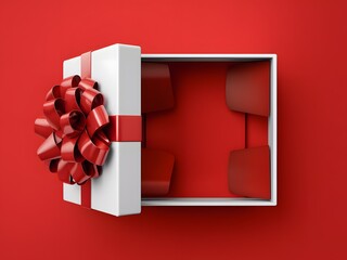 White Gift Box with Red Ribbon and Bow on Red Background.