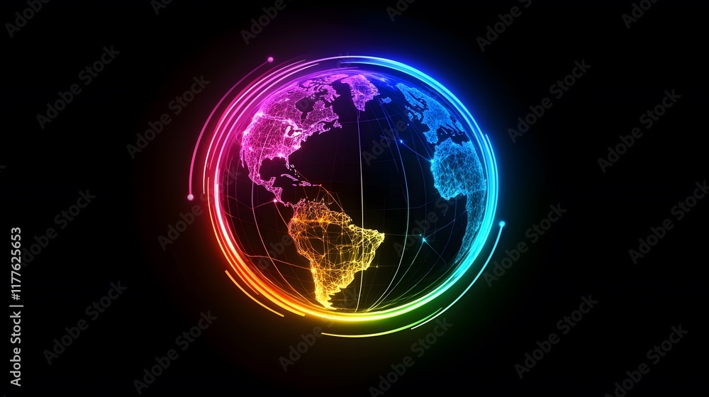 Poster glowing abstract sphere with neon lights and fractal patterns