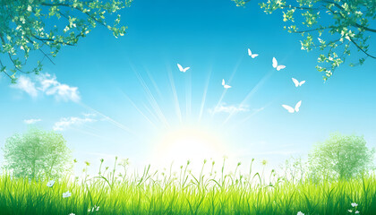 Obraz premium Serene Spring Meadow Sunrise Butterflies and Trees