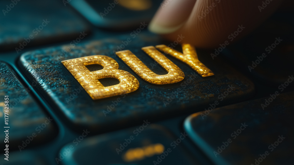 Poster golden buy button: a close-up of a finger pressing a glowing 