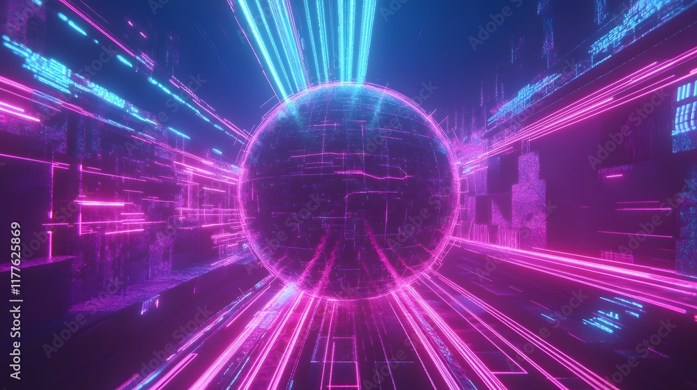 Poster glowing abstract sphere with neon lights and fractal patterns