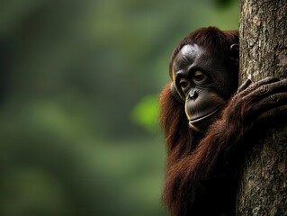 Fototapeta premium An orangutan clinging to a tree in a shrinking forest, emphasizing deforestation s impact on wildlife