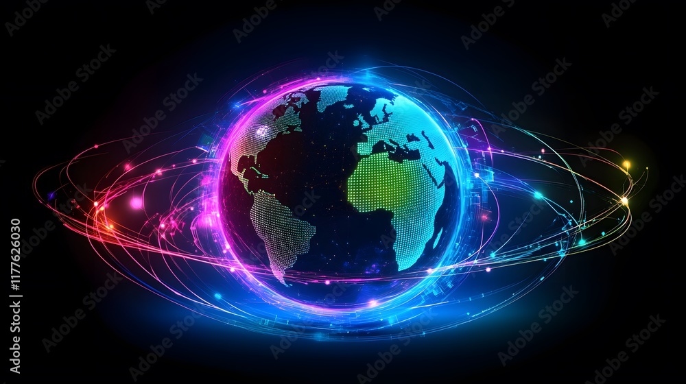Poster glowing abstract sphere with neon lights and fractal patterns