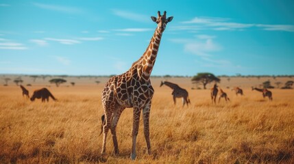 Obraz premium ' Giraffe stands in open field with other giraffes in a savanna wildlife scene.