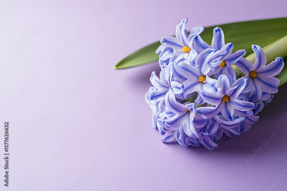 Poster symbolic depiction of single hyacinth bloom placed on matte lavender background with soft shadows
