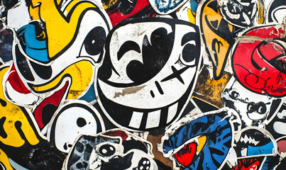 Obraz premium Vibrant collage of colorful, weathered stickers featuring cartoon characters and abstract designs, creating a textured, urban art background.