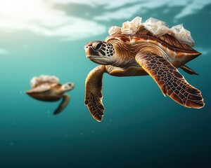 Obraz premium Underwater view of sea turtles surrounded by floating plastic waste, symbolizing the impact of pollution on wildlife