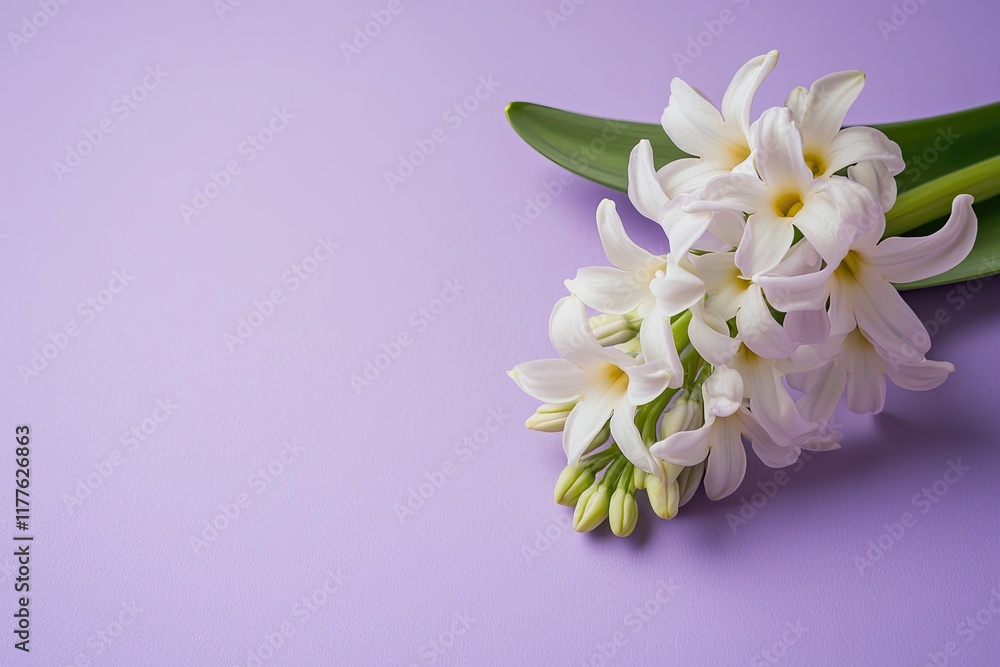 Poster symbolic depiction of single hyacinth bloom placed on matte lavender background with soft shadows