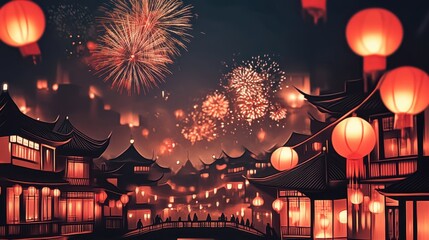 Celebratory fireworks display traditional village nighttime view festive atmosphere