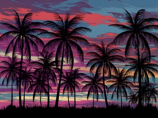 Silhouette of Palm Trees Against a Vibrant Sunset Sky.