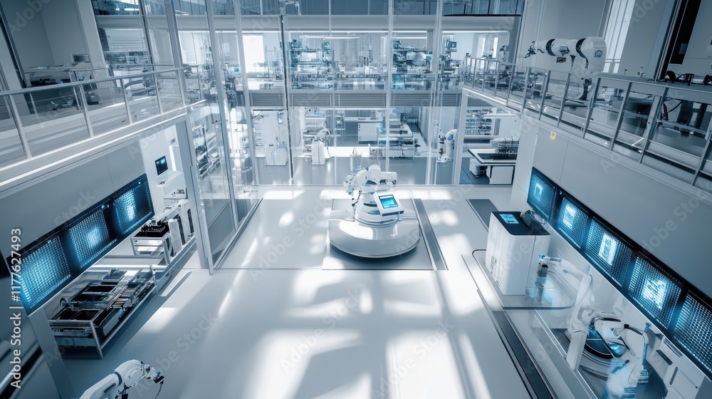 Poster modern white robotic arms assembling products in a high tech factory with digital screens displaying