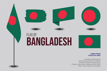 Set of Bangladesh flag in 5 designs: flag on pole, brush stroke, skew, round and standard. vector, flat, isolated on grey background