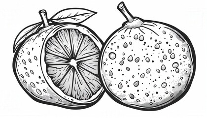 A stylized black and white illustration of two oranges one cut in half. Ideal for food packaging labels or restaurant menus.