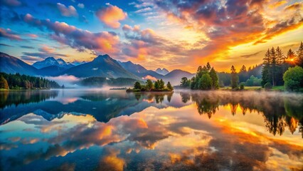 Panoramic Reflection: Serene Lake at Sunrise, Stunning Nature Landscape Photography