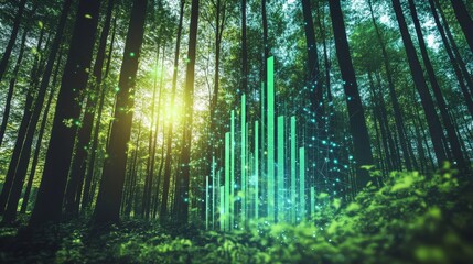 forest with a digital overlay showing a bar graph and numerical data representing carbon offset values, carbon credit concept.