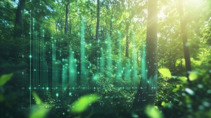 forest with a digital overlay showing a bar graph and numerical data representing carbon offset values, carbon credit concept.
