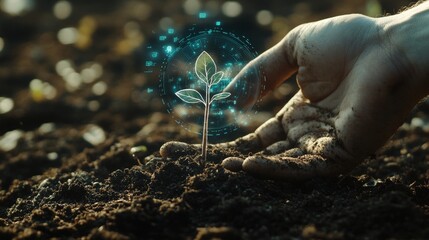 A hand holding a small tree sapling in fertile soil, with a transparent digital  hovering above, symbolizing environmental investment, carbon credit concept.