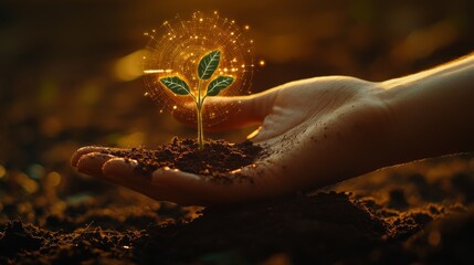 A hand holding a small tree sapling in fertile soil, with a transparent digital  hovering above, symbolizing environmental investment, carbon credit concept.