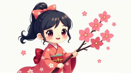 Adorable Anime Girl in Kimono with Cherry Blossoms