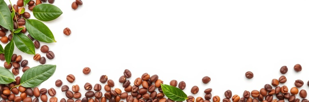 An elegant composition of coffee beans on a pristine white background, ideal for promotional banners or advertising campaigns, marketing, creative, beans