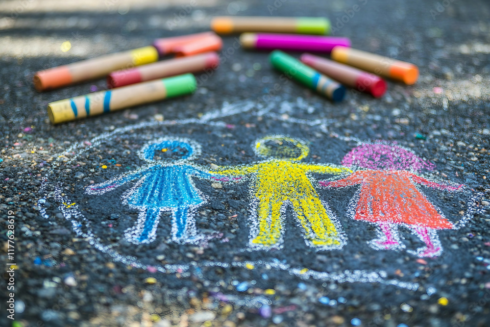 Poster generative ai illustration of kids playing with chalk creating colorful masterpieces on the sidewalk
