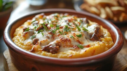 Creamy Cheesy Polenta Bake with Savory Beef and Fresh Herbs Served in a Rustic Dish Perfect for Comfort Food Lovers and Gatherings