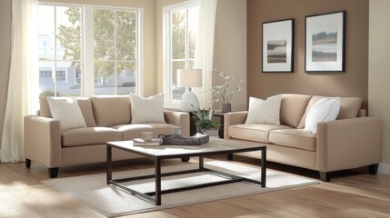 Fototapeta premium Cozy modern living room with beige sofas and minimalist decor in sunlit space