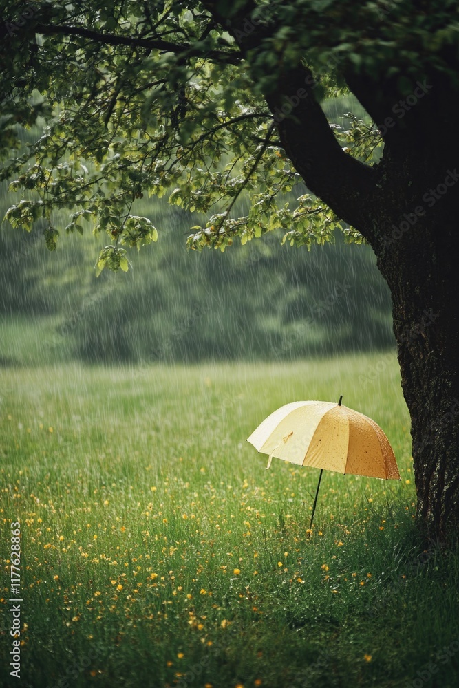 Poster tranquil view of spring meadow under light rain with umbrella leaning against tree offering generous