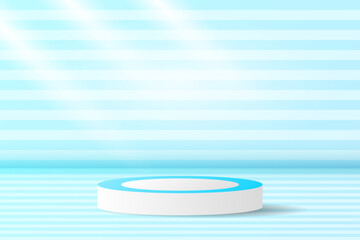 Minimal Product Display Cylinder Podium on Blue Stripes Background. Banner. Wallpaper. Vector Illustration