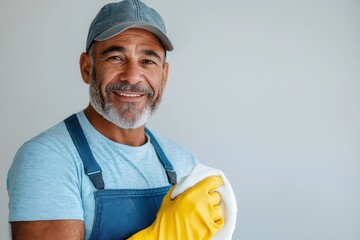 Elderly caucasian male cleaner smiling with gloves and cap in a grey apron