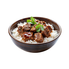 Beef and Rice Bowl: A hearty and satisfying meal of tender beef cubes simmered in a rich sauce, served over a bed of fluffy white rice. This image is perfect for food blogs, recipe websites.