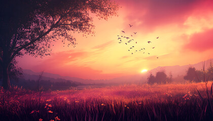 Obraz premium Sunset Landscape With Birds Forming Heart Shape